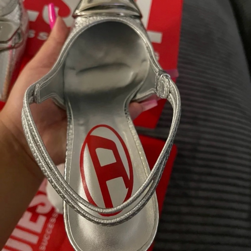 Diesel Metallic Silver Pointed Toe Slingback Heels with Buckle Accent - Picture 3 of 6